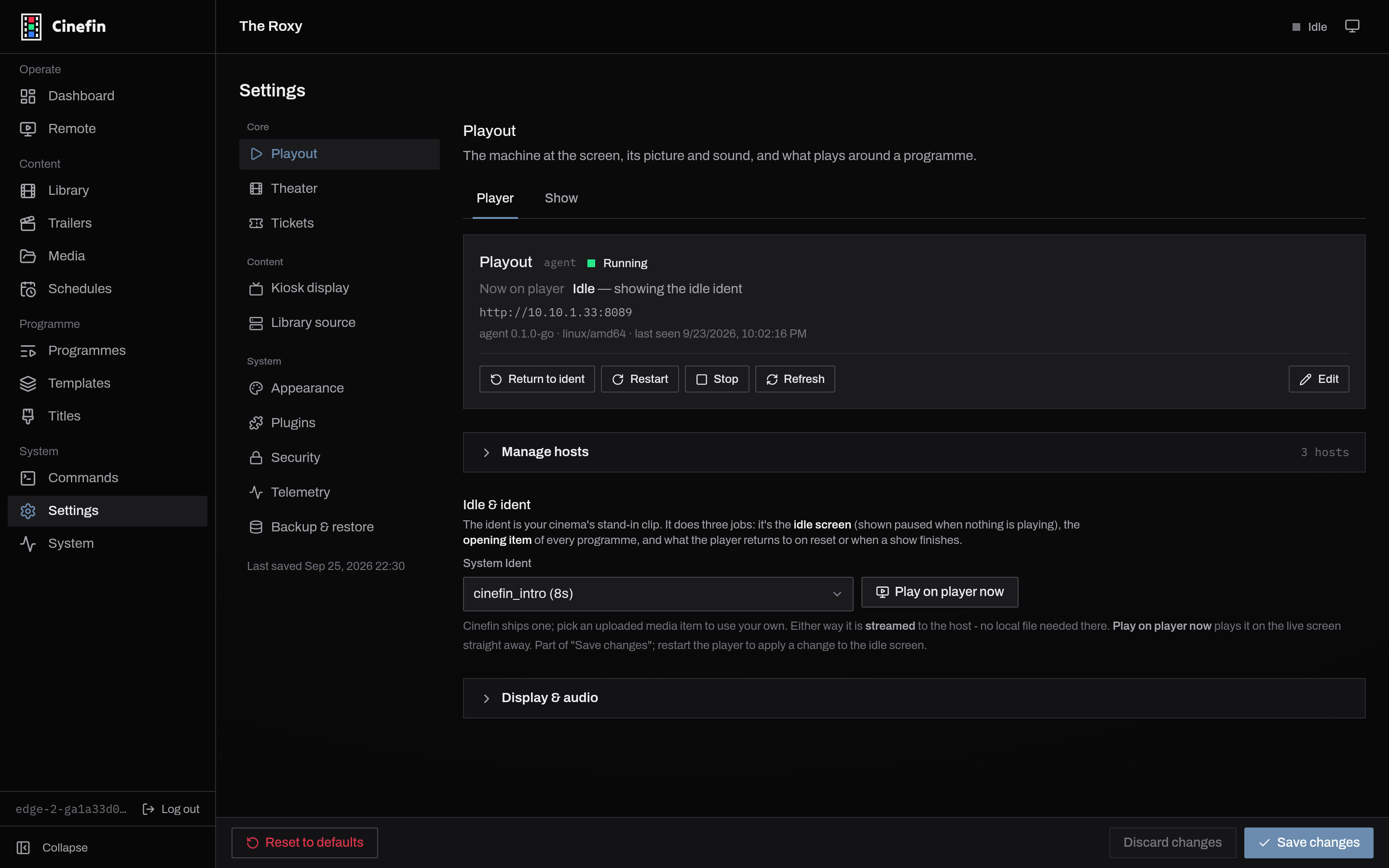 The System Ident control under Settings, Playout, Player