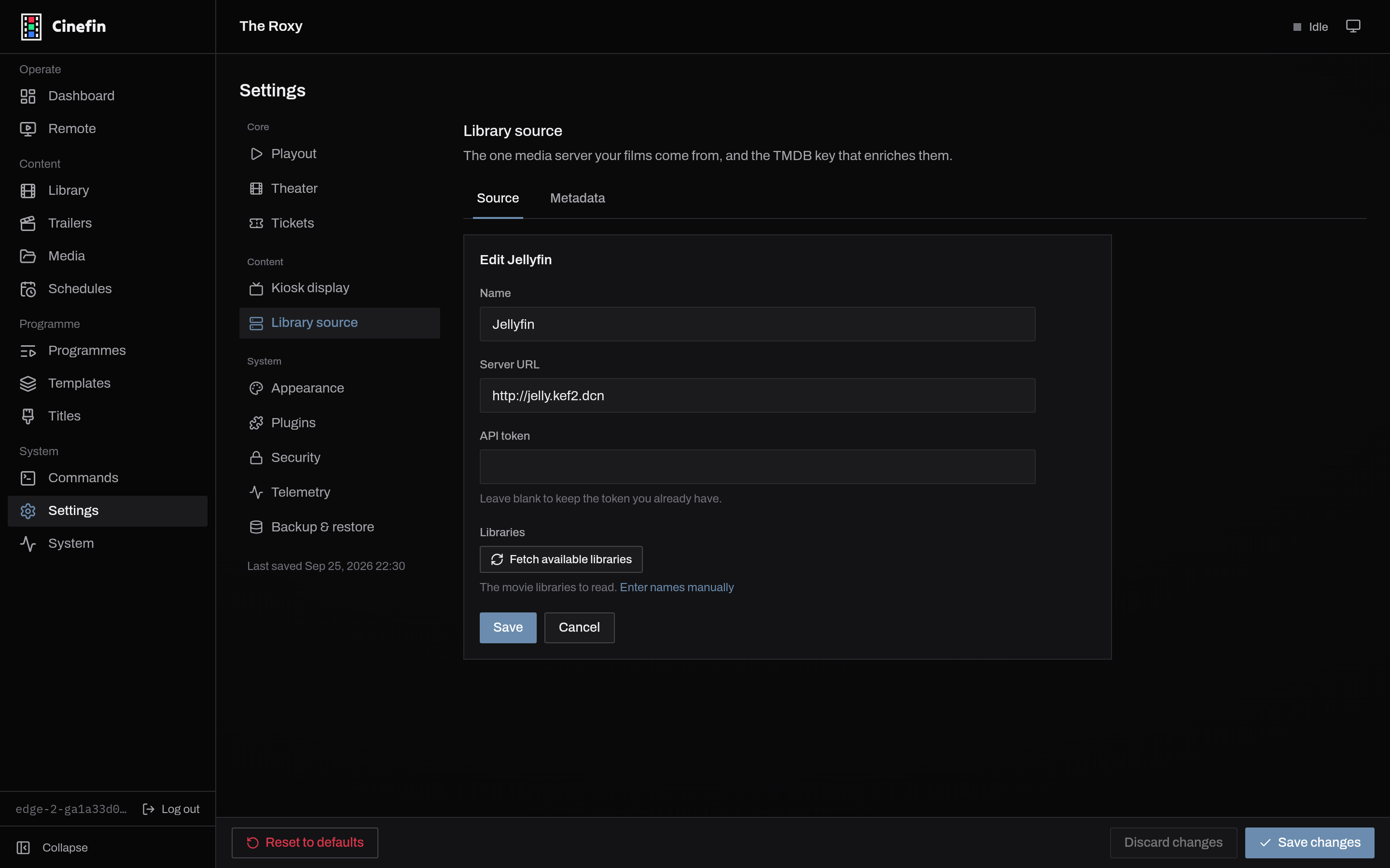 The edit-source form with server URL, API token and libraries