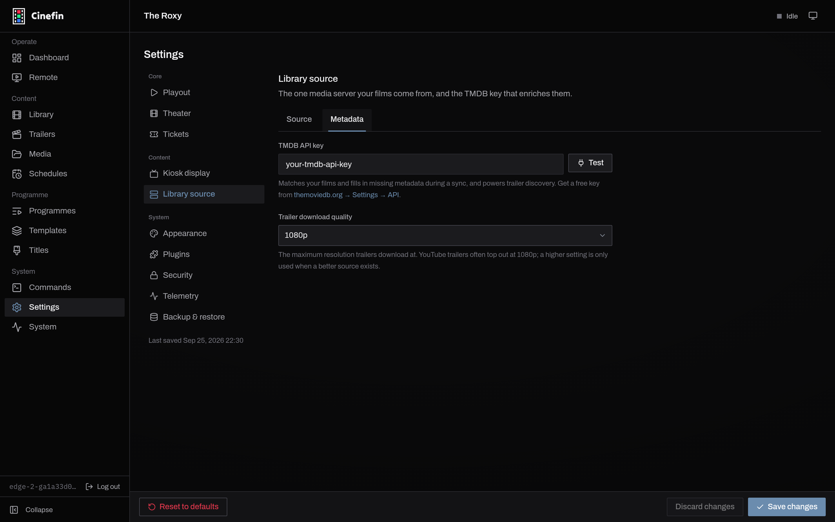 The Metadata tab with the TMDB key and trailer quality