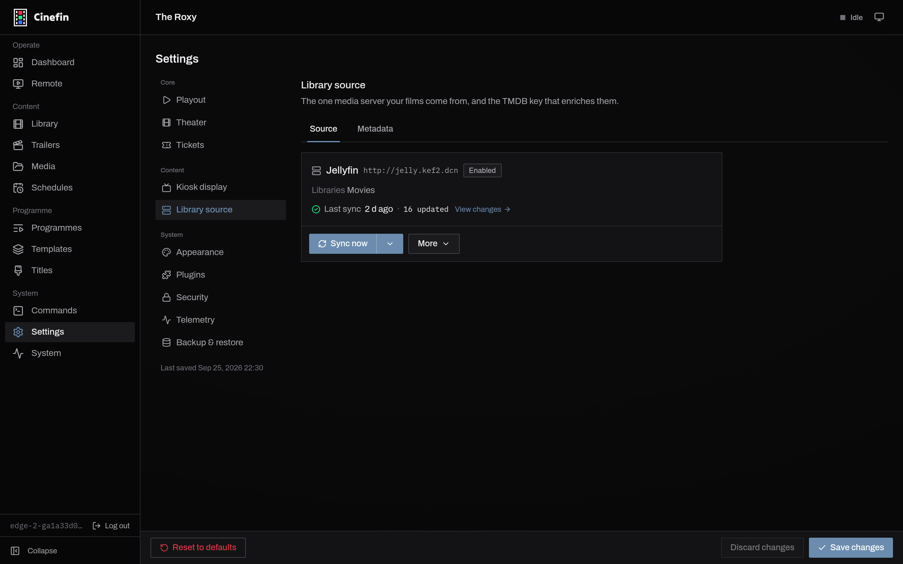 The Library source settings, Source tab, with a connected server