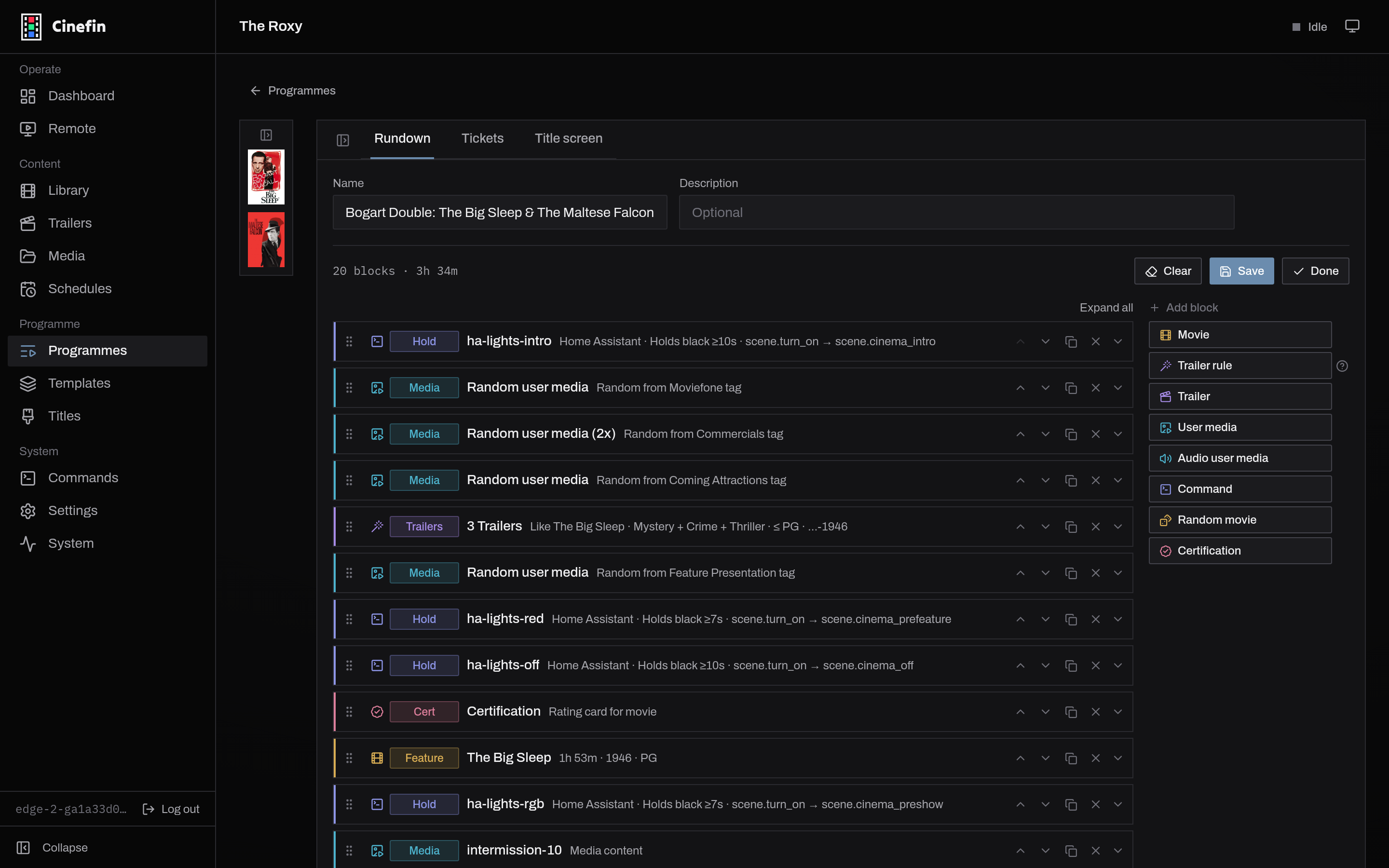 The programme block editor with the Add block palette open