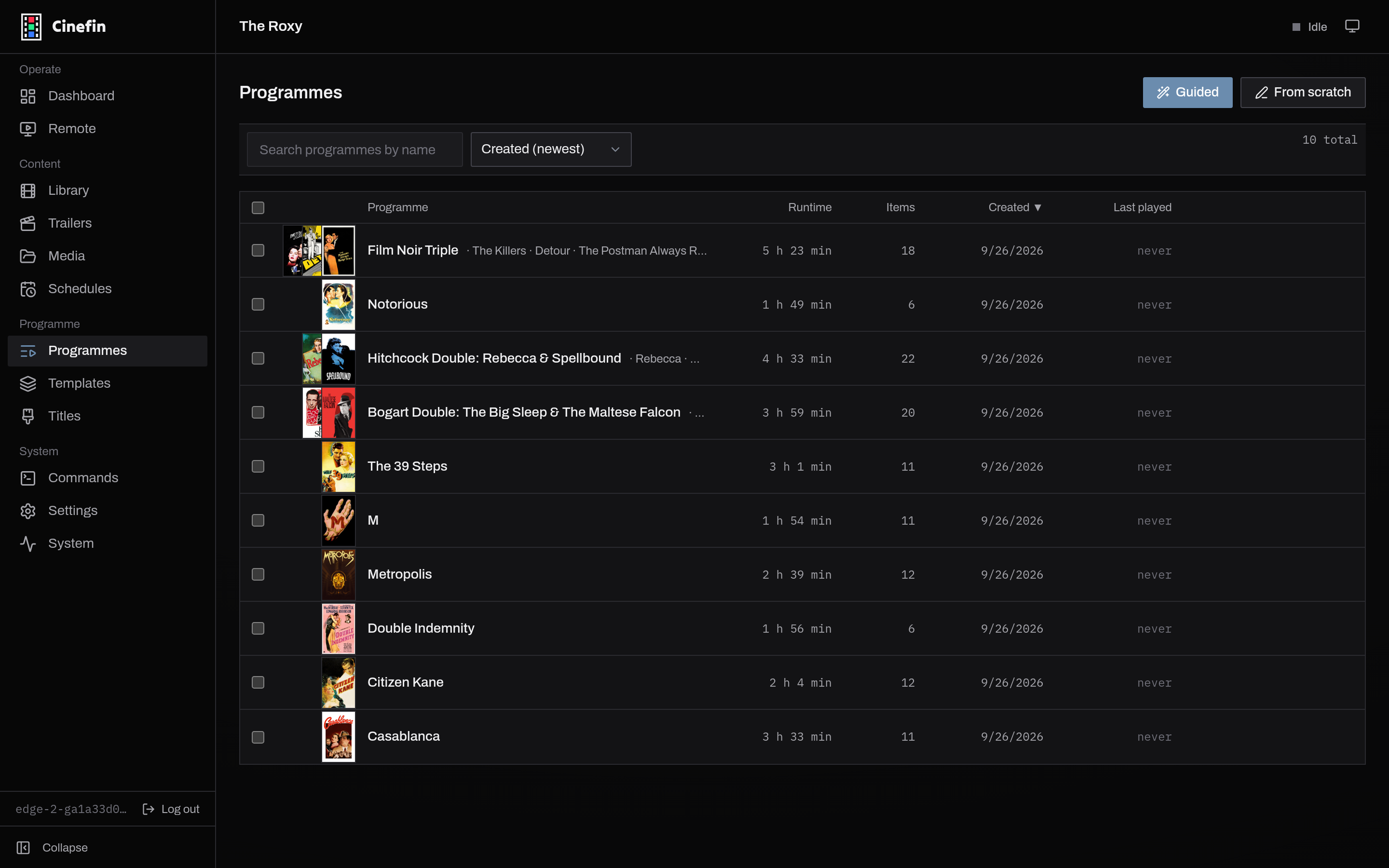 The programmes list with runtime, item and last-played columns