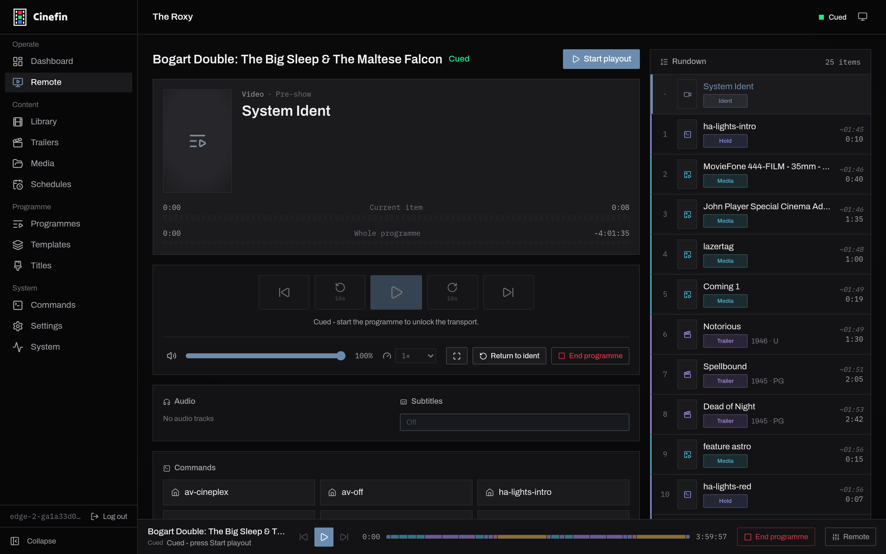 The Remote page with transport controls, tracks and commands