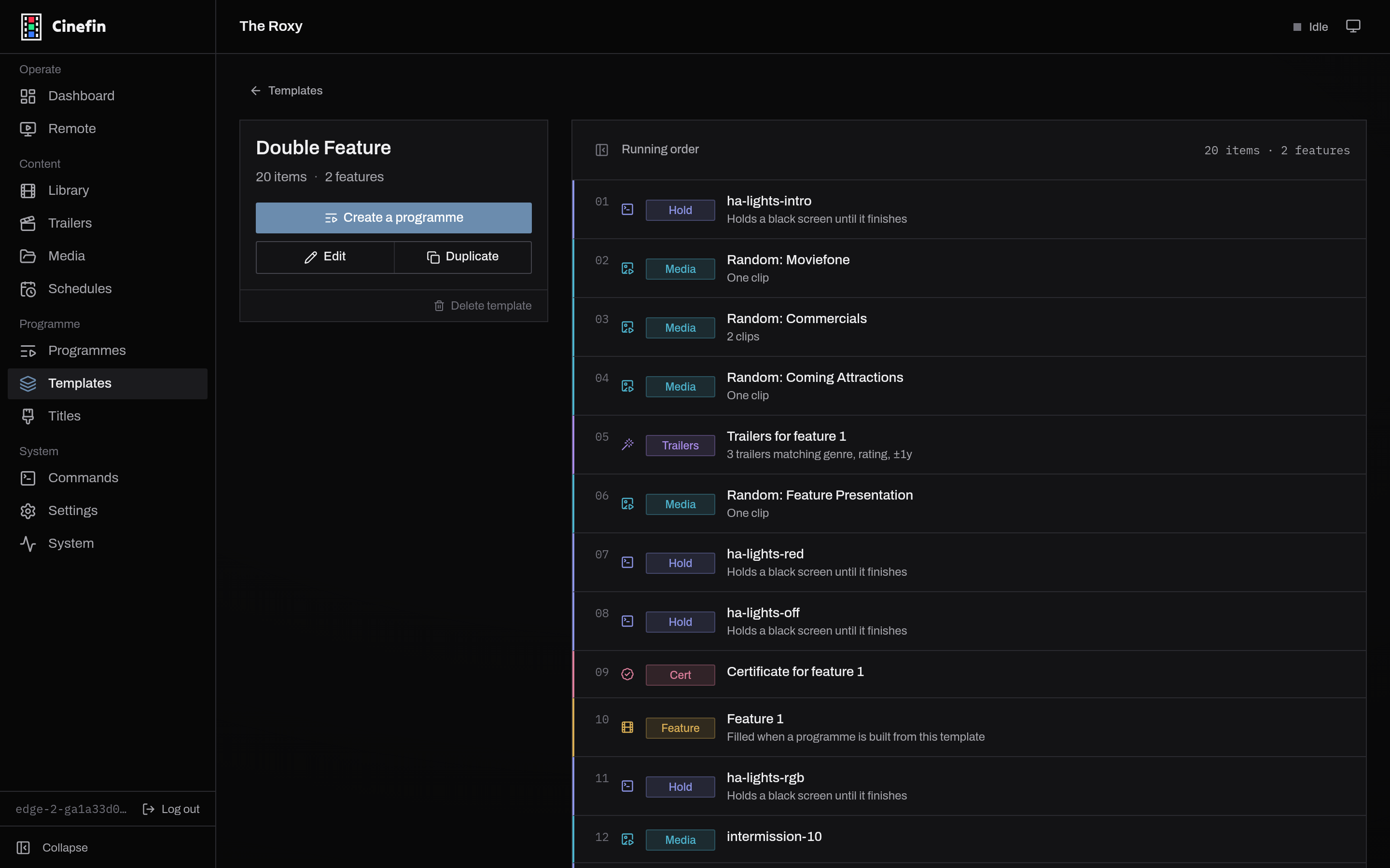 A template's running order, showing feature placeholders and rules