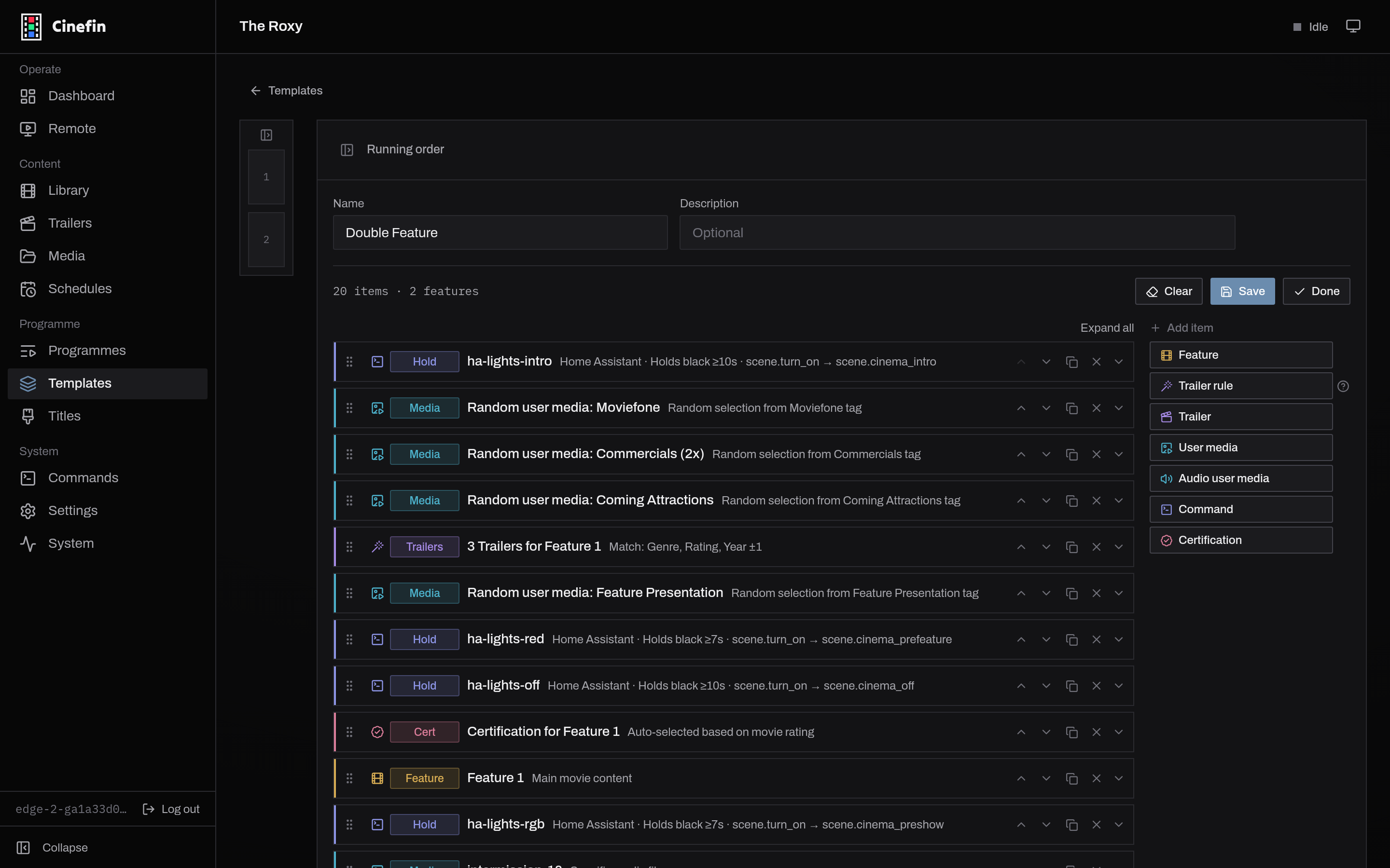 The template block editor with the Add item palette open
