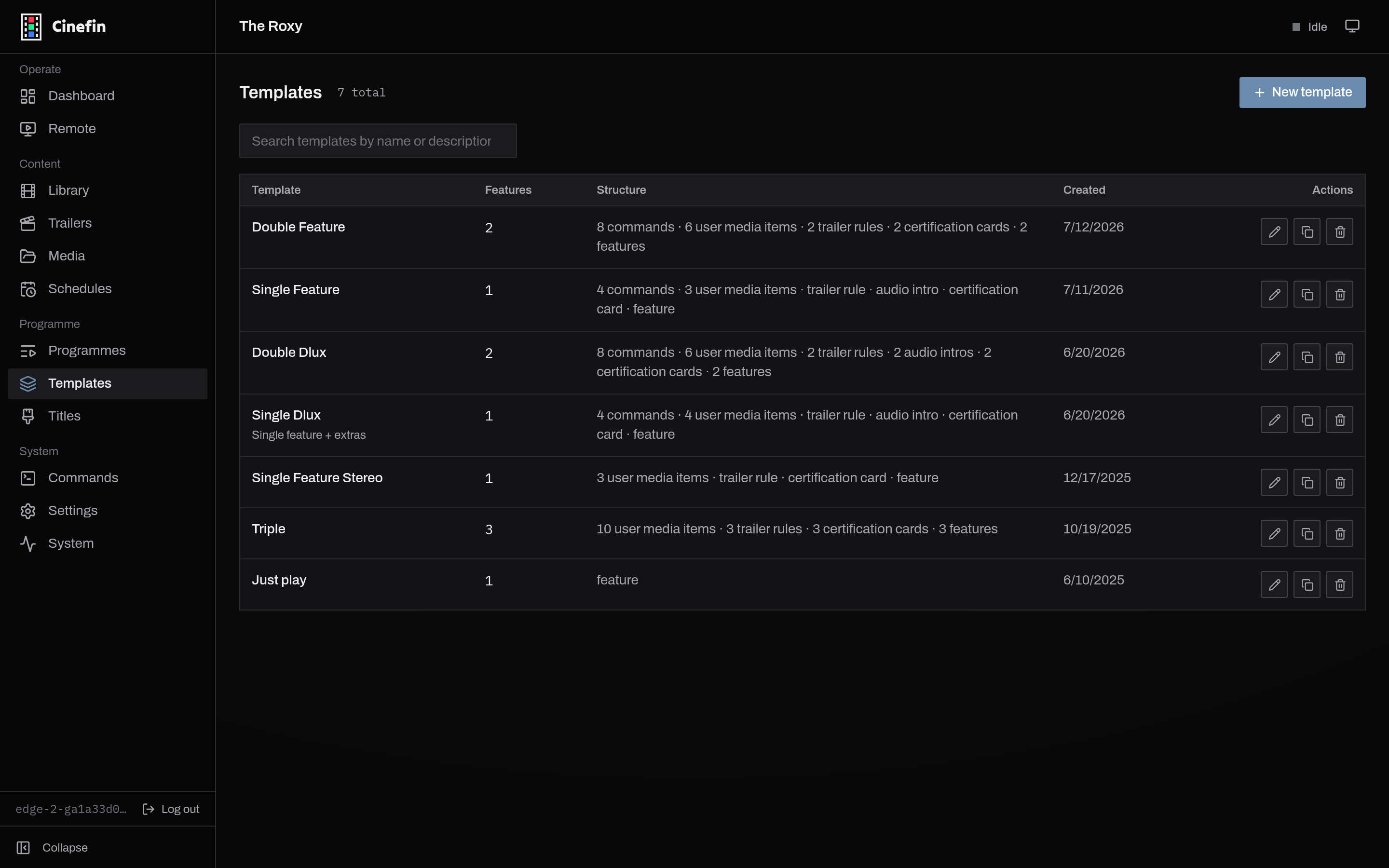The templates list with feature counts and structure summaries